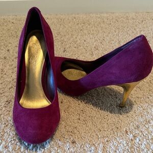 Jessica Simpson Suede Burgundy Pump with Gold Heel - Women's Dress Shoe